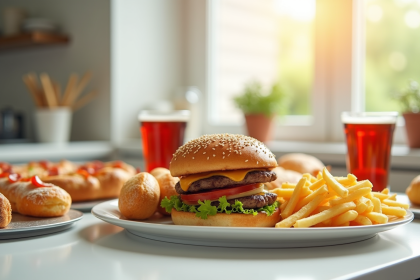 Assiette de malbouffe avec burgers frites pizza et soda