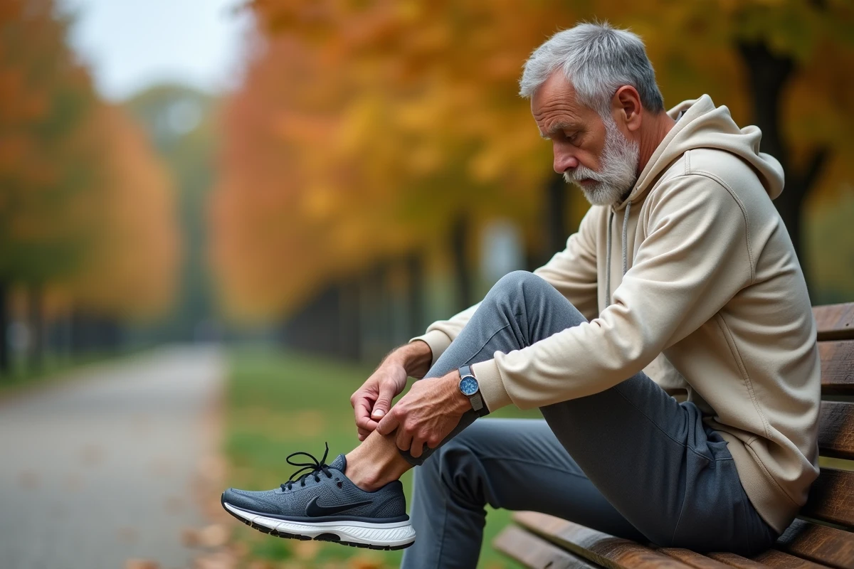Homme installant une semelle orthopédique dans sa chaussure de sport pour soulager la douleur d'un éperon calcanéen au quotidien