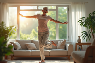 Femme senior souriante pratiquant l'équilibre chez elle