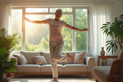 Femme senior souriante pratiquant l'équilibre chez elle