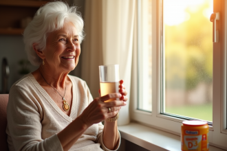 Seniore souriante tenant vitamine D3 près de la fenêtre