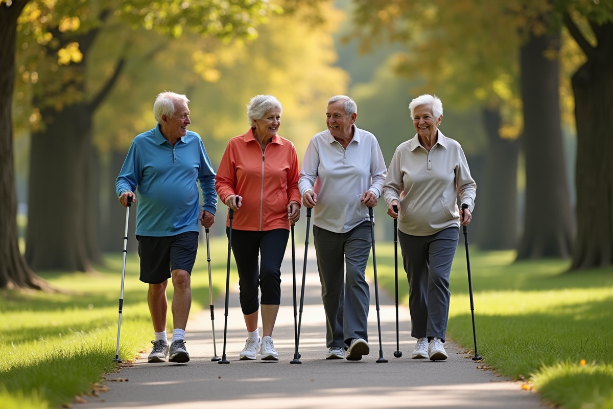 Groupe de seniors marchant dans un parc en plein jour