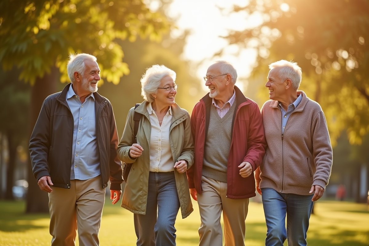 Groupe de seniors marchant dans un parc ensoleille