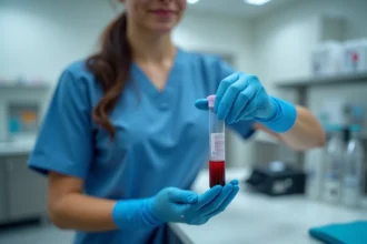 Tube de prise de sang avec sérum opalescent laiteux tenu par une infirmière en laboratoire médical