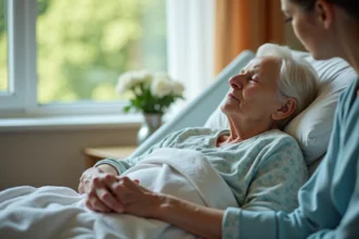 Femme âgée en soins palliatifs Alzheimer phase terminale avec aide-soignante tenant sa main dans une chambre d'hôpital apaisante