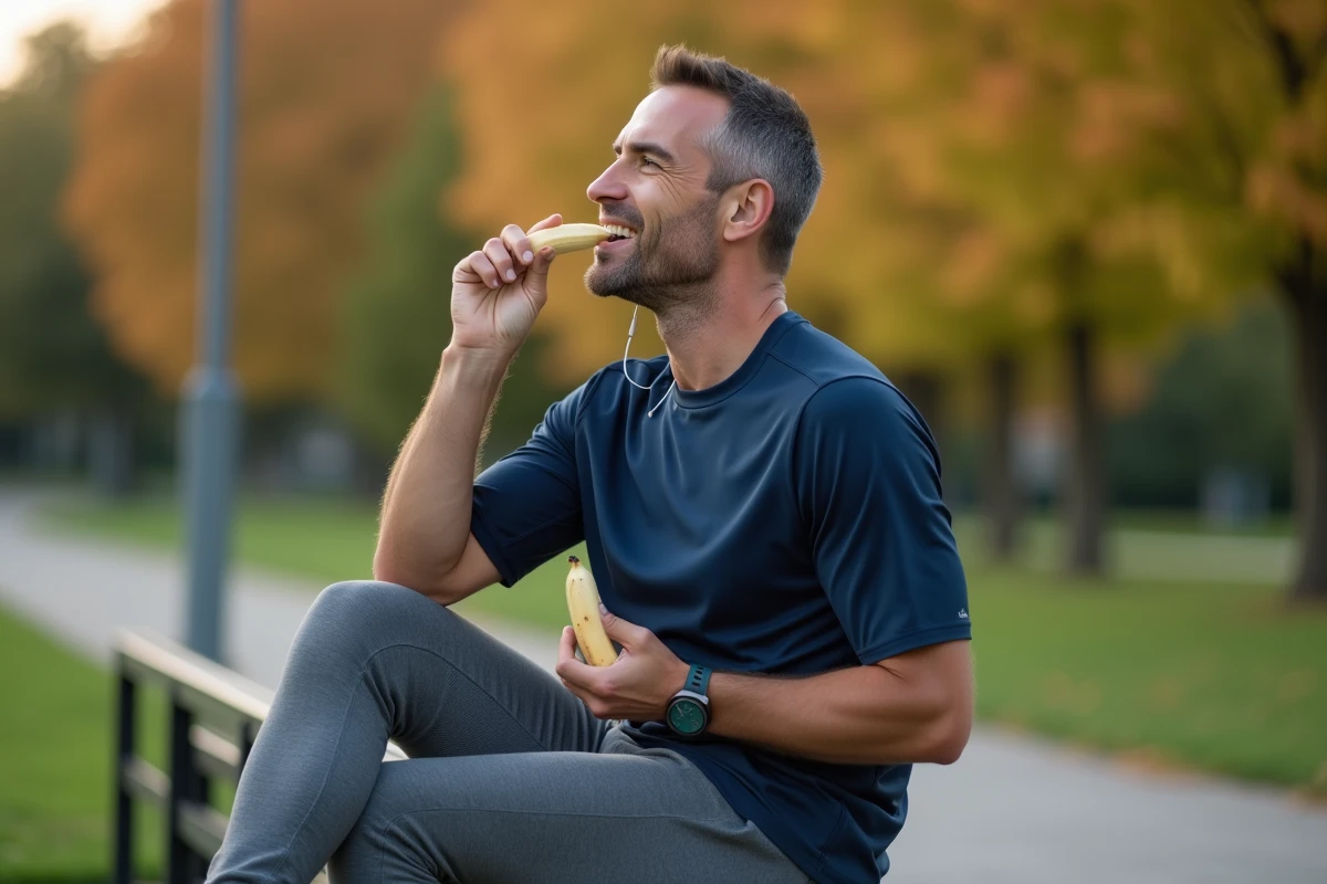 Homme sportif mangeant une banane dans un parc après une course, illustration de l'impact des calories sur la perte de poids