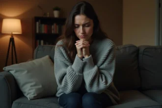 Femme stressée assise sur un canapé, les genoux repliés contre elle, illustrant l'impact du stress et de l'anxiété sur le corps