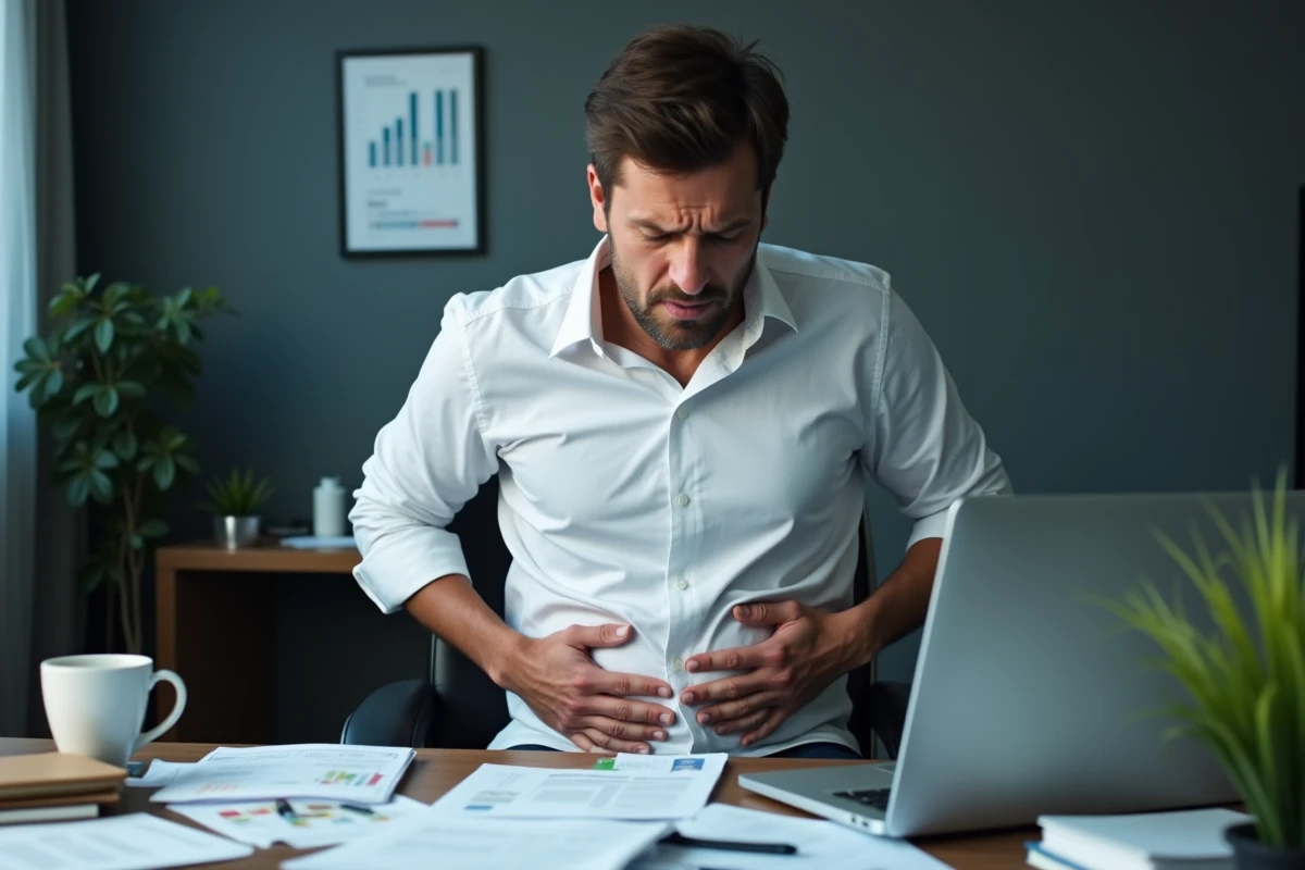 Homme au bureau ressentant une douleur à l'aine liée au stress, illustrant la connexion entre anxiété chronique et symptômes physiques