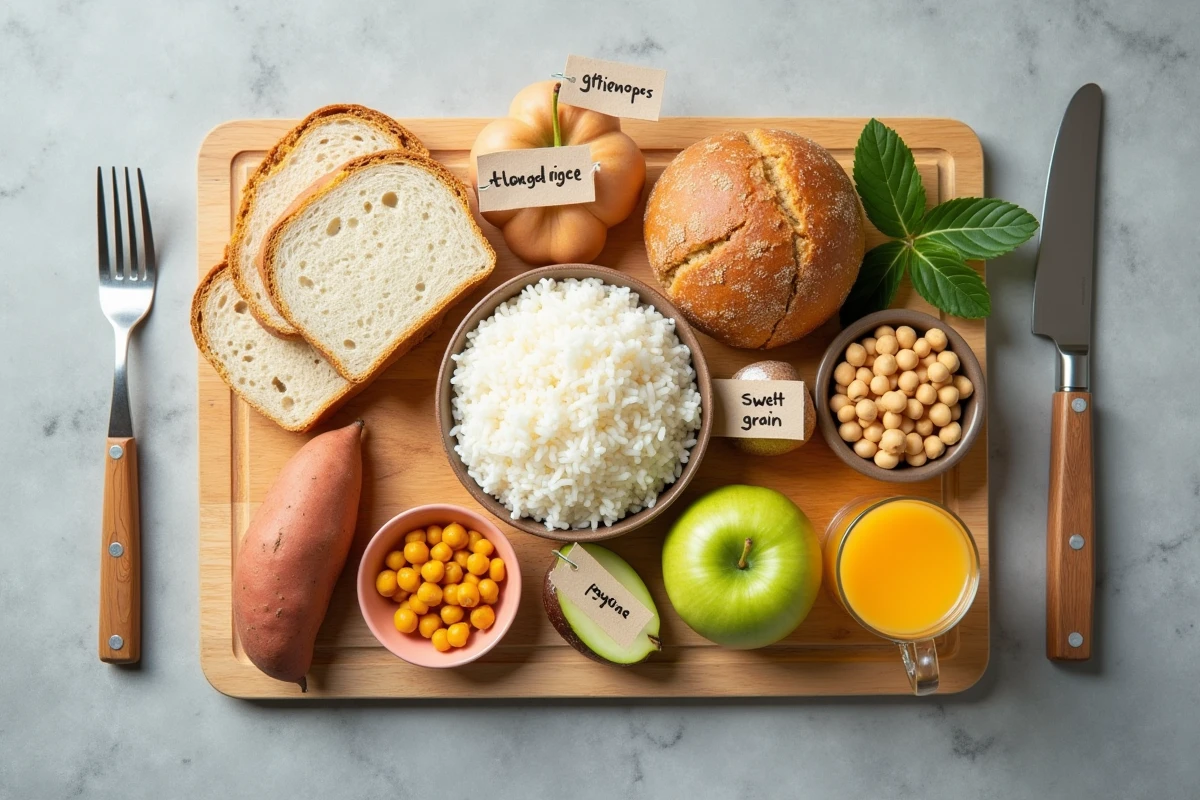 Vue aérienne d'aliments classés par index glycémique sur un plan de travail en pierre avec étiquettes explicatives