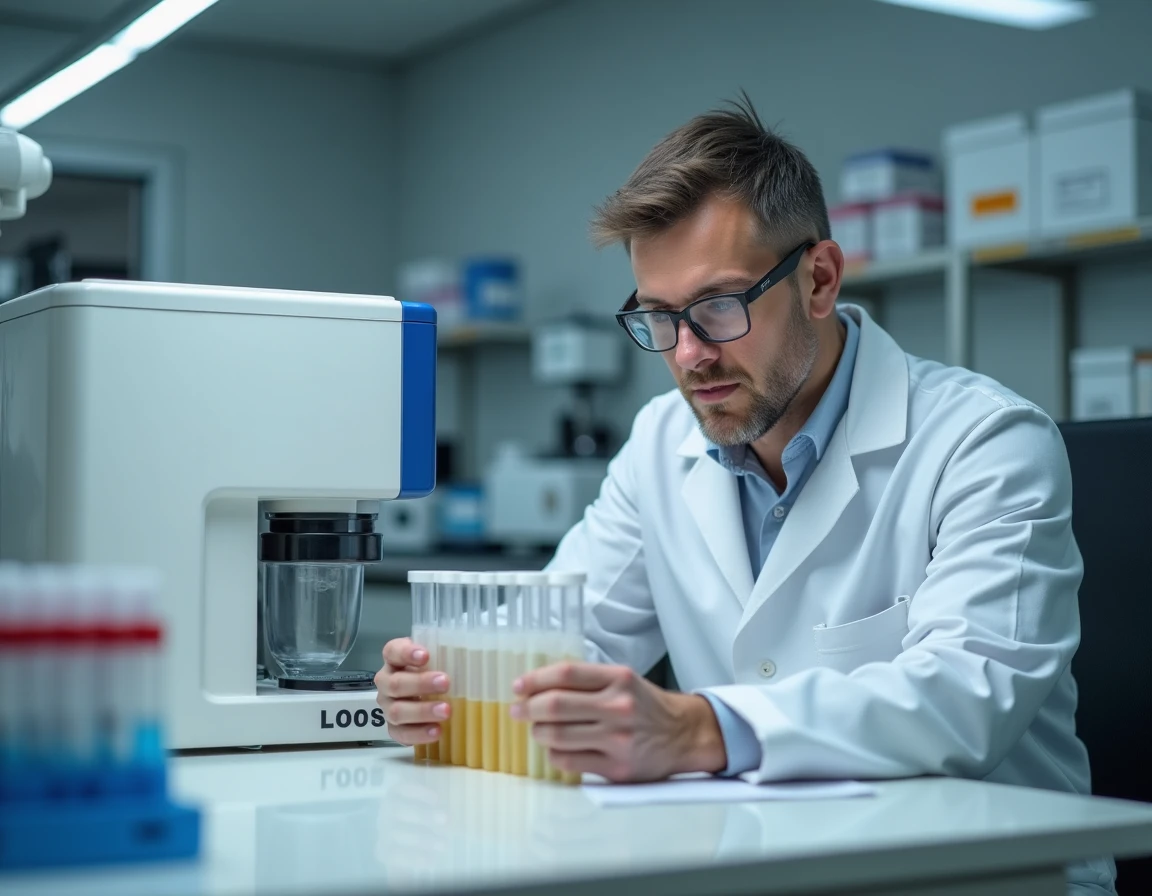 Technicien de laboratoire examinant des tubes d'analyse sanguine avec sérum lipémique dans un laboratoire clinique