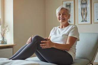 Femme de 60 ans en séance de kinésithérapie tenant son genou douloureux côté interne, tendinopathie patte d'oie après prothèse genou