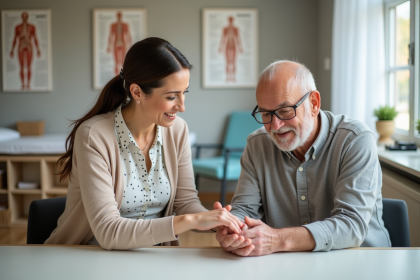 Therapeute aidant un homme age avec exercice de mains