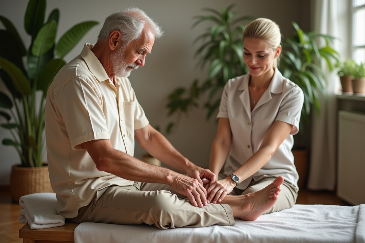 Therapeute appliquant une pression sur le pied d’un homme dans un spa