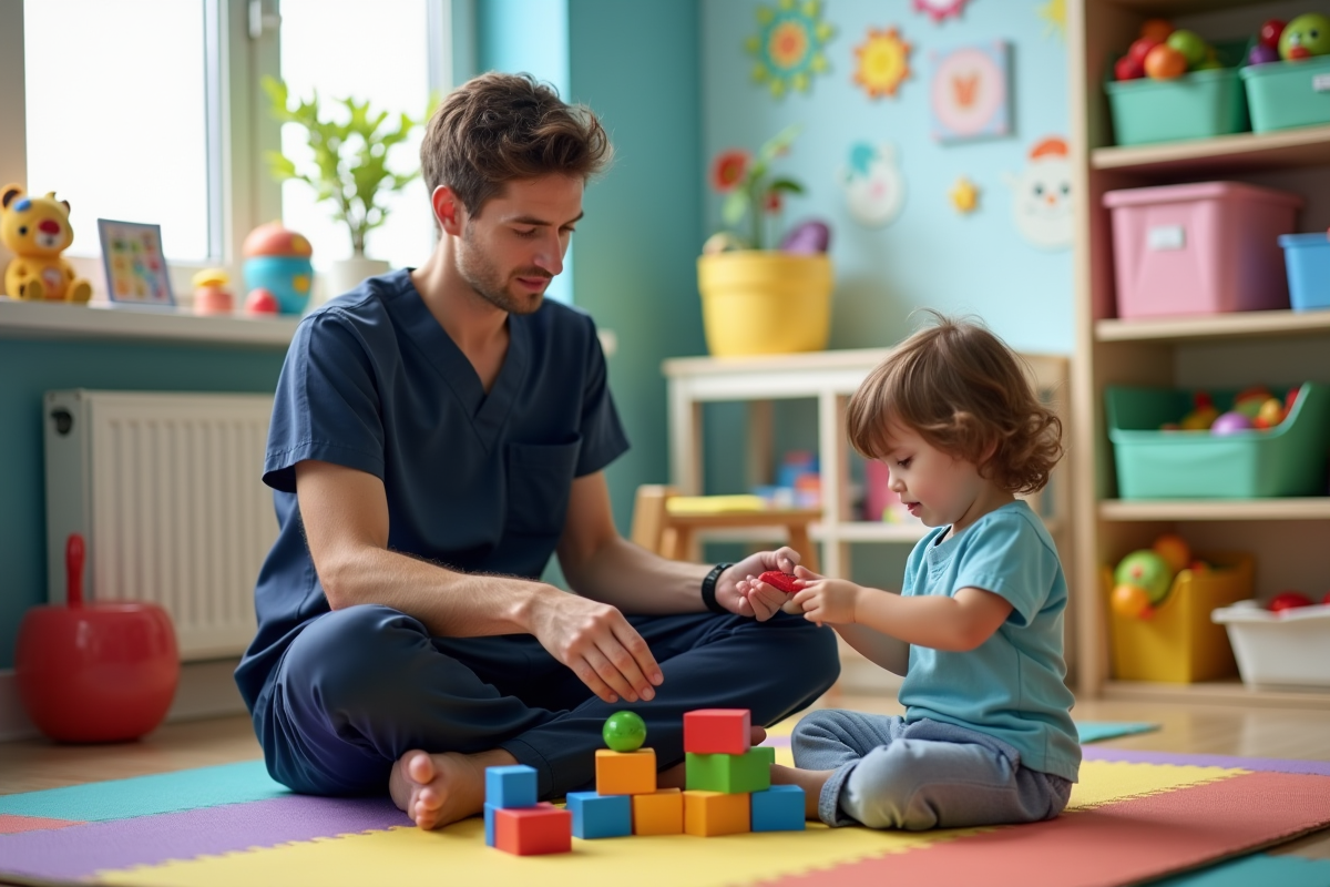 Jeune therapute guidant un enfant avec des blocs de jeu
