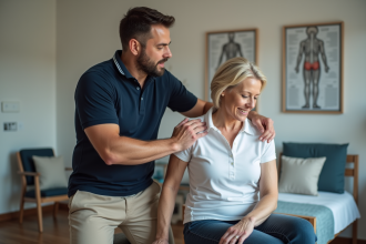 Therapeute physique guidant une femme lors d'une séance de physiotherapie