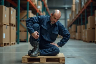 Ouvrier d'entrepôt tenant son bas du dos après une douleur lombaire en milieu de travail industriel